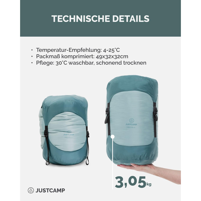 Спальний мішок Justcamp Melvin XXL 4 для дорослих, кемпінговий спальний мішок 3 сезони, м&39ятний