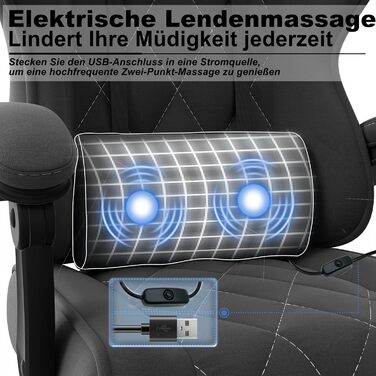 Тканинне ігрове крісло з масажною поперековою опорою, дихаюче офісне крісло ергономічне зі зручною пружинною подушкою та підставкою для ніг, ігрове крісло з підголівником та широким сидінням, темно-сірий/чорний