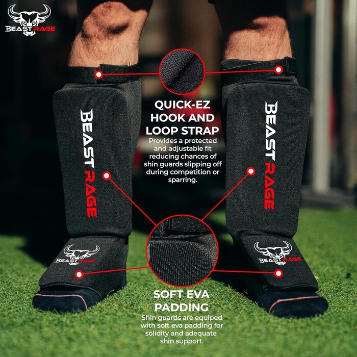 Щитки для гомілок BEAST RAGE для муай-тай, кікбоксингу, ММА, тхеквондо, боксу, бойових мистецтв, еластичні шкарпетки, м&39які захисні накладки для ніг та підйому стопи, щитки для гомілок, спорядження для розміру S, чорний/червоний