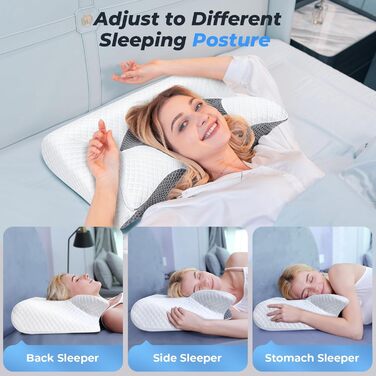 Подушка для шиї SAHEYER з піни з ефектом пам&39яті, подушка для підтримки шиї 2 в 1, подушка для голови для сну на боці, животі та спині, з пральною та дихаючою наволочкою, 59 * 43 * 12/15 см, сіро-біло-сіра