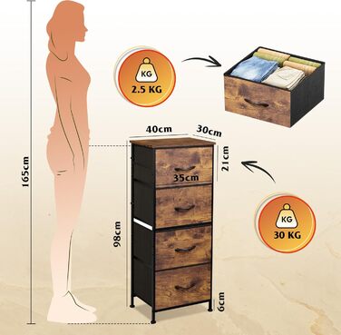 Комод WLIVE з 4 тканинними шухлядами, комод для спальні, комод для вітальні, з міцним сталевим каркасом, дерев&39яна стільниця, рустикальний коричневий вінтажний коричневий чорний 29,8 Г x 39,8 Ш x 98,2 В см (4 шухляди)