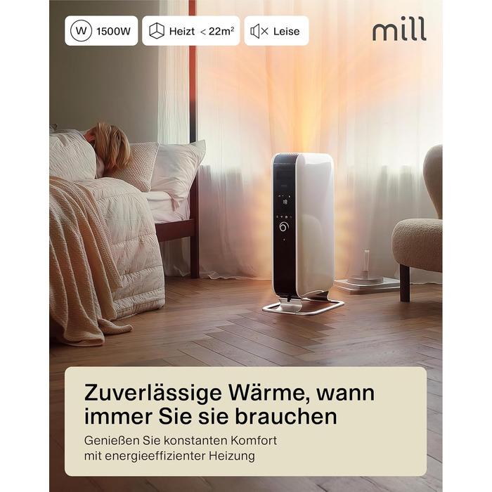 Масляний радіатор Mill, 1500 Вт, електричний обігрівач, до 22 м, безшумний, енергозберігаючий електричний обігрівач, безпечний електричний радіатор з програмою день/ніч, білий електричний радіатор, 18-22 м