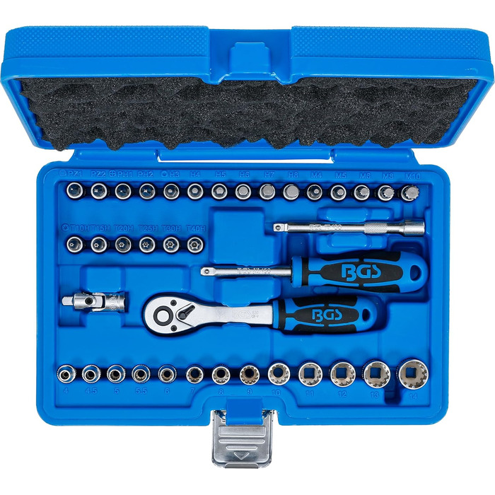 Набір торцевих головок BGS 2151 з фіксатором Gear Lock Привід 6,3 мм (1/4) 38 предметів, 1/4 дюйма, сріблясто-синьо-чорний