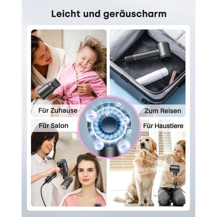 Фен з дифузором, високошвидкісний іонний фен 120 000 об/хв з 500 мільйонами негативних іонів для швидкого сушіння, професійний дорожній фен для дому, салону, подарунок, 12 режимів, сірий колір