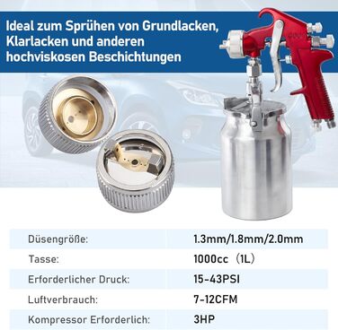 Всмоктувальний фарборозпилювач CarBole Професійна система повітряного розпилення для огородження меблів для вантажівок 1000 куб.см з соплом 1,3 мм 1,8 мм 2,0 мм (червоний)