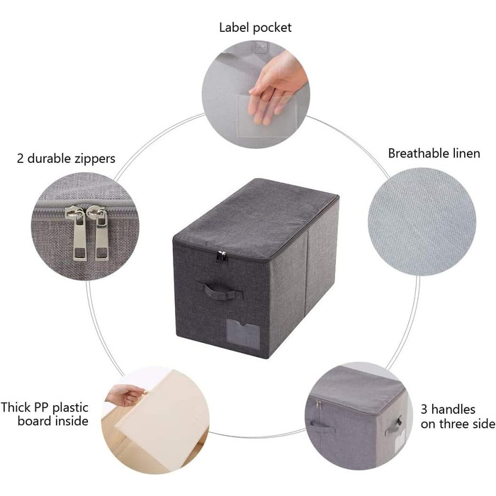 Великі, складні кошики для зберігання речей на блискавці, для спалень, шаф та одягу, 2 шт., чорно-сірі.