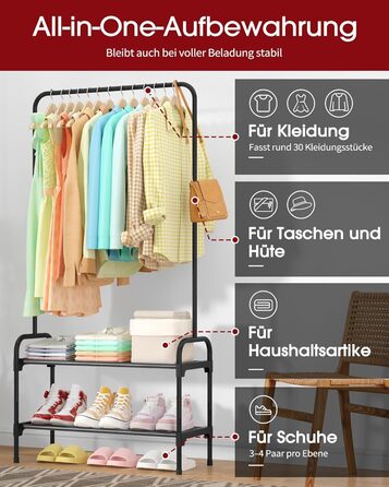 Вішалка для одягу - штанга для одягу з нековзними ніжками, шафа-стійка з 2-рівневим органайзером для взуття, вішалка для одягу для спальні, передпокою, 74 x 30 x 150 см, чорна 74 x 30 x 150 см чорна