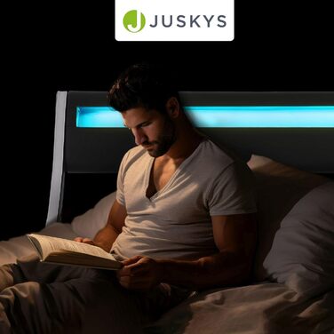 М'яке ліжко Juskys Valencia 140x200 см в комплекті з матрацом, світлодіодним підсвічуванням, рейковою рамою та узголів'ям - ліжко