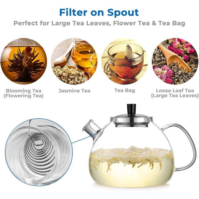 Заварник Ecooe 1.5 л з підігрівачем чайника, скляним чайником і підігрівачем чаю з нержавіючої сталі 1500 мл з підігрівачем чайник