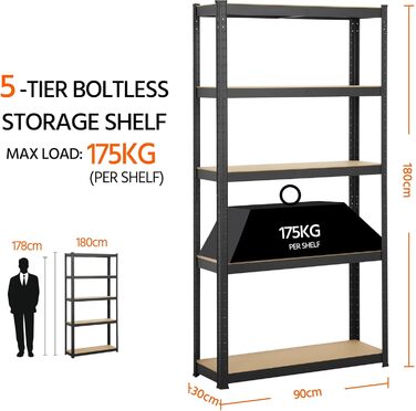 Полиця для зберігання Yaheetech для важких умов експлуатації з регульованими полицями з МДФ, органайзер-стелаж для гаража, вітальні, кухні, підвалу 90x30x180 см/чорна