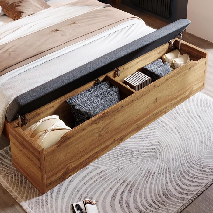 Двоспальне ліжко з м&39якою оббивкою, каркас ліжка з лампою для читання та USB-портом, тумбочка та лавка з місцем для зберігання речей, каркас ліжка з рейковою основою з металу, дерева та льону, дуб (без матраца) (180200 см)