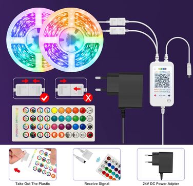 Світлодіодна стрічка, світлодіодні стрічки з дистанційним керуванням і керуванням програмою, 16 млн кольорів, світлодіодні лампи синхронізації музики, гнучкий світлодіодний ремінець Rgb, світильники для прикраси кімнати Ігрова кухня (15 м)