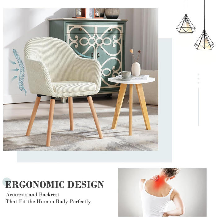 Обідні стільці WOLTU, комплект з , для спальні, кухні, вітальні, м&39які кухонні стільці, сучасні, з підлокітниками, ніжки з масиву дерева, вельветове сидіння, кремово-білий колір, комплект з