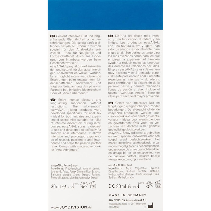 Змазка JOYDIVISION easyANAL 3080 мл НАБІР Змазка тривалої дії для нього та неї Змазка, що підходить для латексних презервативів Рідина з оптимізованим pH гель 80 мл спрей 30 мл