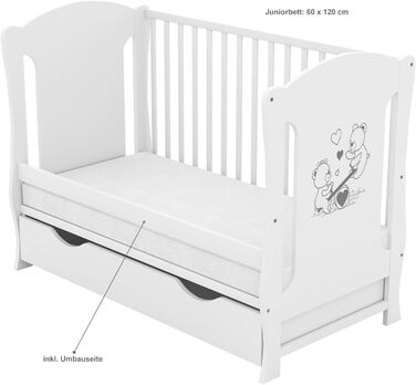 Дитяче ліжечко Baby Delux 60x120 біле ліжечко, що трансформується в дитяче ліжко з висувною шухлядою матрац плюшевий відбійник мот