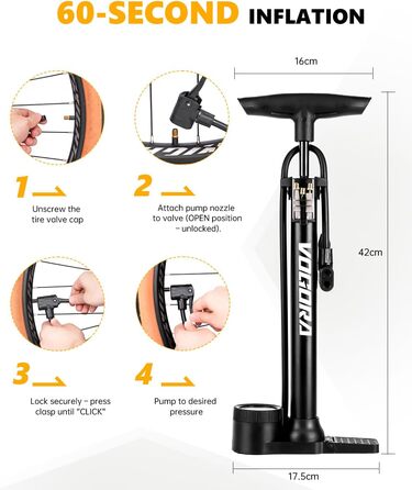 Велосипедний насос VOGORA, підлоговий, 16.5 дюймів (~42 см), 11 бар / 160 PSI, інтегрований циліндр (сталь), чорний