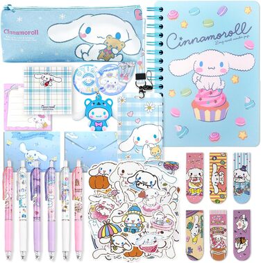 Шкільне приладдя Jachneon Cinnamoroll, шкільне приладдя Kawaii Cinnamoroll, подарунковий набір, включає булочку з корицею, блокнот, олівець, ручку, гумку, тримач для посвідчення особи, наклейки, брелоки