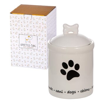 Керамічна банка для печива Spotted Dog Gift Company з герметичною кришкою - банка для ласощів для собак, універсальний контейнер для зберігання ласощів, печива, мотив відбитка лапи собаки, подарунок для власників собак, білий