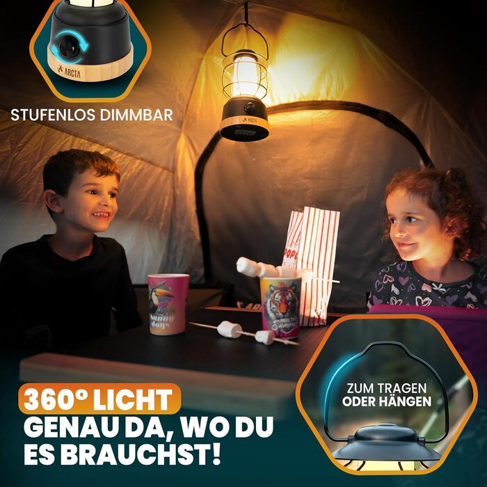 Акумуляторний світлодіодний кемпінговий ліхтар ARCTA Ретро-кемпінговий ліхтар з батареєю Водонепроникний IPX4 Регульований зовнішній ліхтар 20-450 лм Кемпінговий ліхтар для намету, саду, кемпінговий ліхтар та світлодіодний ліхтар USB-портативний зарядний 