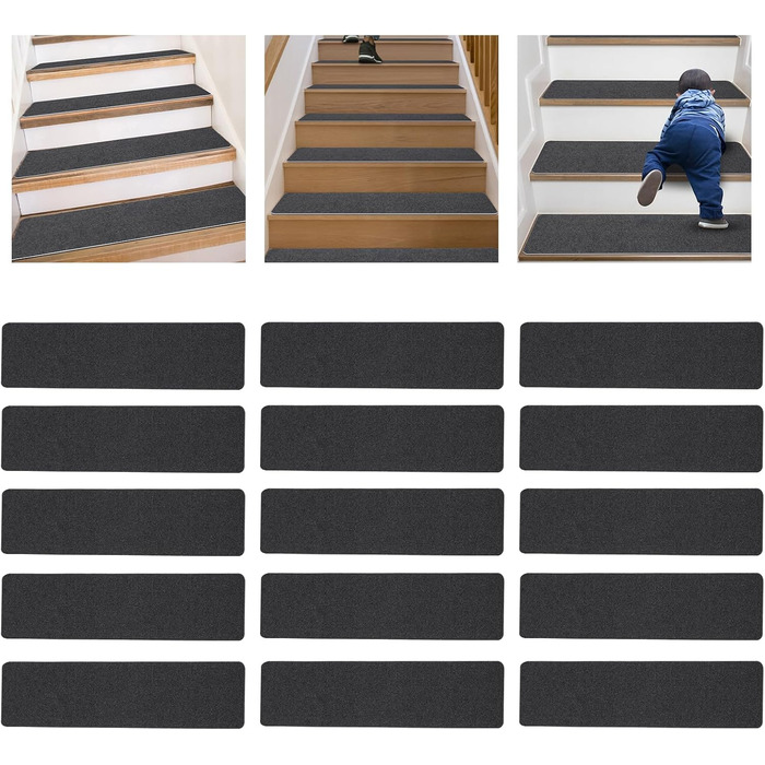 Самоклеючих сходинок, прямокутний килим для сходів у приміщенні, нековзний та шумопоглинаючий, поліестеровий килим для сходів, який можна прати та різати, 20,3x76 см (сірий), 15