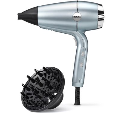 Фен BaByliss Hydro-Fusion з дифузором професійний іонний фен 2100 Вт для стайлінгу без пухнастості, плазма-технологія для блиску, легкий дизайн, 3 рівні температури та 2 режими обдуву, синій, D773DE