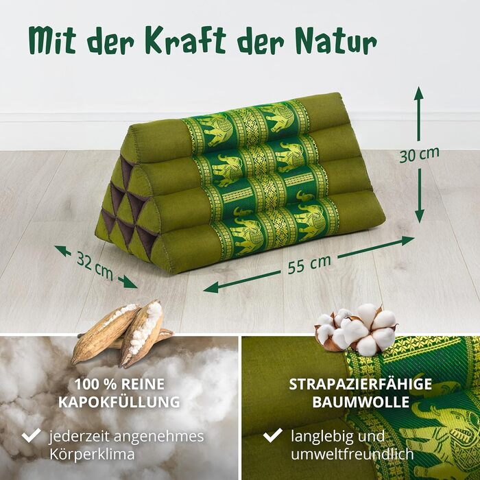 Подушка для спини livasia з тайського шовку - 32x55x30 см - трикутна подушка для саду та балкону, клиноподібна подушка з капоком, ручної роботи, подушка для медитації (зелений/слоновий шовк)