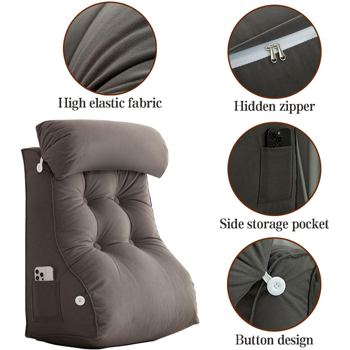 Подушка для читання з опорою для спини та клином, подушка для поперекової підтримки для читання, відпочинку та перегляду телевізора, ідеально підходить для сидіння в ліжку, сірий колір, 556030 см (без підголівника)