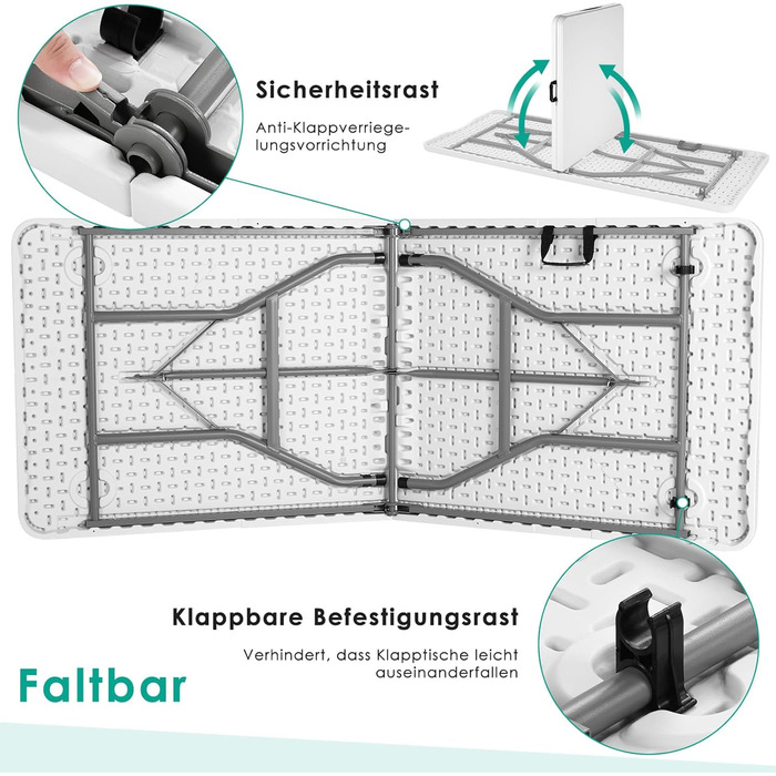 Складаний фуршетний стіл LIFERUN, водонепроникний, 180x75 см, садовий стіл зі стільницею з HDPE, складний пластиковий стіл з ручкою для перенесення, кемпінговий стіл для 10 осіб, вага до 150 кг, святковий стіл для саду, тераси, балкону, білий