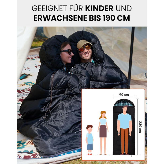 Спальний мішок KingCamp для дорослих, зимовий, фланелевий, компактний, 3-4 сезони, ковдра для кемпінгу, подорожей, наметів, походів, на вулиці, в приміщенні, від 4C до -15C/230 x 90 см Thicker Pro Navy-L-Zip