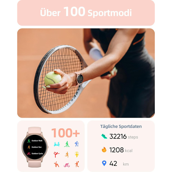 Жіночий круглий смарт-годинник Parsonver з функцією телефону, легкий фітнес-годинник з крокоміром, понад 100 спортивних режимів, водонепроникний IP68, жіночий спортивний годинник з серцевим ритмом, монітором сну, SpO2, рожеве золото, SPROD1