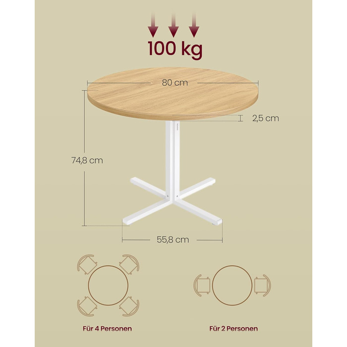 Круглий обідній стіл VASAGLE, маленький кухонний стіл для 4 осіб, сільський стиль, водостійка поверхня, діаметр 80 см, висота 74,8 см, для їдальні, вітальні, колір золотий дуб KDT082Y02