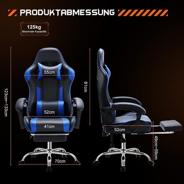 Ергономічне ігрове крісло DUMOS з підставкою для ніг, дихаюче ПК з регульованою поперековою подушкою, підголівником та підлокітниками, вантажопідйомність 150 кг, обертове крісло, чорний синій