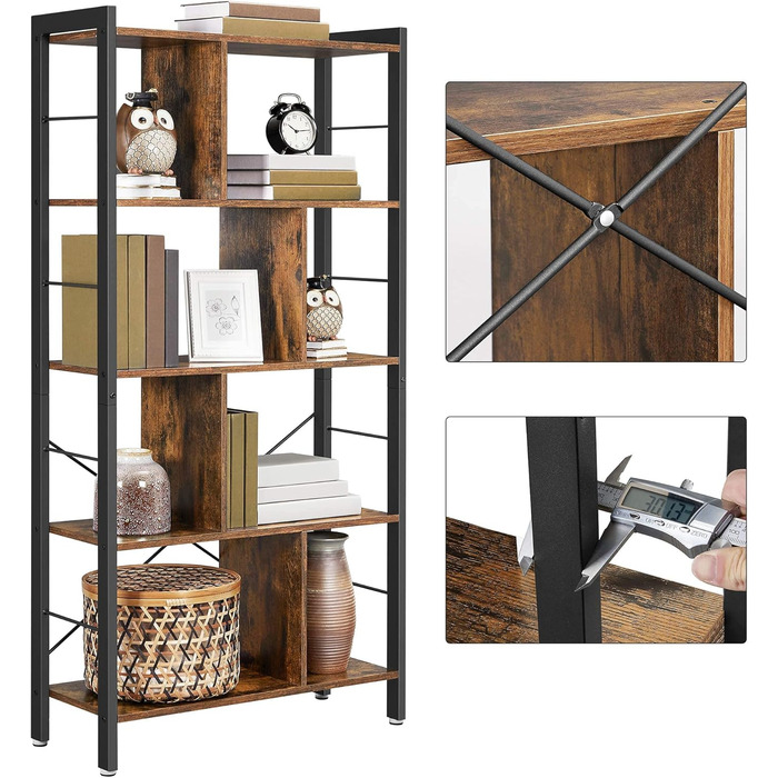 Полиця, книжкова шафа, офісна полиця з 5 ярусами, окремостояча полиця, полиця для зберігання, велика, металевий каркас, вінтажний коричнево-чорний LBC12BX Вінтажний коричнево-чорний