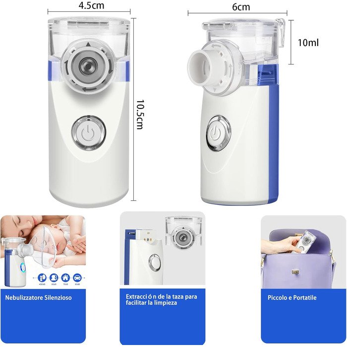 Портативний інгалятор LIFOCI для дорослих і дітей, безшумний інгалятор з мундштуком і 2 масками, що перезаряджається від USB, ефективний при респіраторних захворюваннях, синій