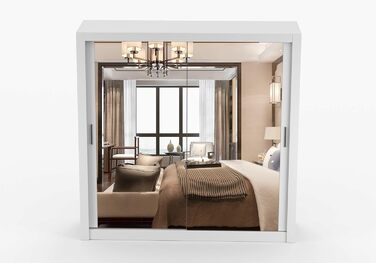 Шафа з дзеркалом - Шафа з розсувними дверима - Шафа для спальні - 64 x 203 x 215 см - Шафа для вітальні - Вішалка для одягу, Шафа з двома дверима, Сучасна 200 см Біла