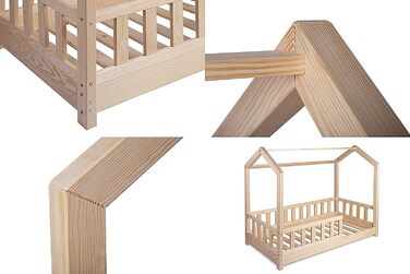 Дитяче ліжко, ліжко-будиночок 70x140 із захистом від падіння, рейкова основа, каркас ліжка з сосни для дітей, хлопчиків та дівчаток - дерев&39яне ліжко, немовля, дитяча кімната, хлопчик, декор (захист від падіння З)