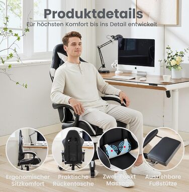 Ергономічне ігрове крісло з поворотом на 360 у гоночному дизайні, шкіряне офісне крісло з високою спинкою та регульованою висотою, з підставкою для ніг, підголівником та поперековою опорою для офісу та ігор (білий чорний)