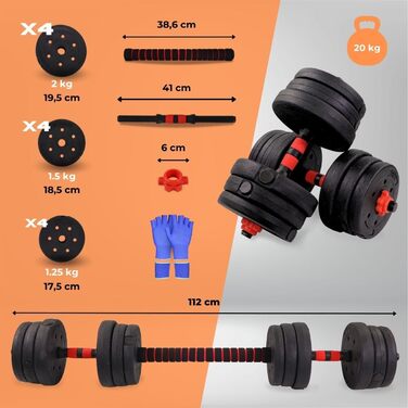 Набір регульованих гантелей 2 в 1 ExtenFit 2–20 кг з дисками та подовжувальною штангою, для домашніх та мобільних тренувань