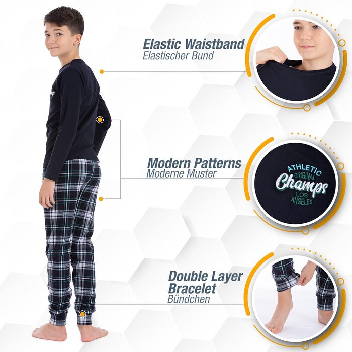 Комплект піжами/костюму LOREZA для хлопчика з довгими рукавами, 100 бавовняний інтерлок, картатий, теплий, розмір 140-146, модель 1