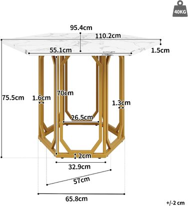 Шестигранний обідній стіл Merax, великий сучасний кухонний обідній стіл для 4-6 осіб, стільниця з МДФ з мармуровим візерунком, міцна металева основа золотого кольору, для кухні, вітальні, 110,2 x 95,4 см (110,2 x 95,4 x 75,5 см) Мармуровий візерунок та зо