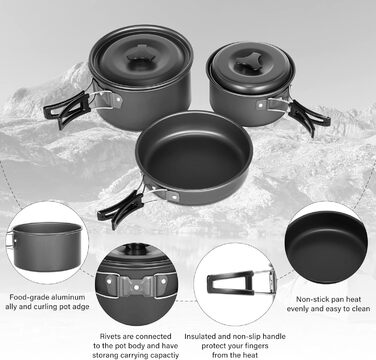 Набір посуду Lixada для кемпінгу каструля, сковорода та столові прибори для приготування їжі на 1-2 особи з сумкою для зберігання