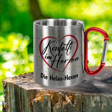 Правдиві твердження для карнавалу та парадів Весела металева кружка з нержавіючої сталі з карабіном, приблизно 330 мл, персоналізоване Конфетті в серці Карнавал/Марді Гра, без кришки, червона ручка