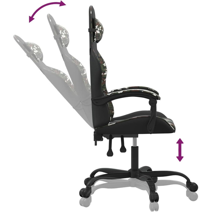 Геймерське крісло з функцією відкидання, штучна шкіра чорного/камуфляжного кольору, 57,5x59,5x121-131 см, для ігрового досвіду Модель 3143901