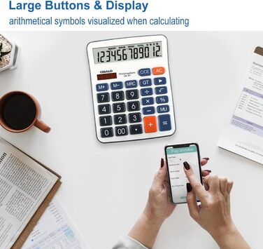 Кишеньковий калькулятор OSALO з великими кнопками, великим дисплеєм, сонячним екраном, 12-розрядним настільним калькулятором, офісним калькулятором для людей похилого віку (OS-5M), синього кольору, 5M