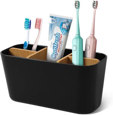 Тримач для зубних щіток Votoko, Пластиковий тримач для зубних щіток з бамбуковими перегородками, Підставка для зубних щіток з 4 ві