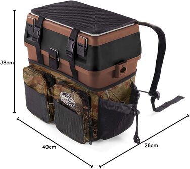 Рибальський ящик-сидіння, ящик для кількох приманок, ящик для сидіння та снастей з системою ременів для перенесення - включаючи 4 пластикові ящики, колір камуфляж-мисливський