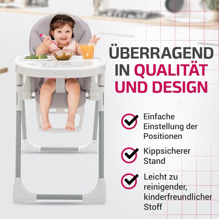 Сулено - стільчик для годування LOVIS, регульована підніжка та піднос, ремені безпеки та протиковзкий обмежувач, функція нахилу, к