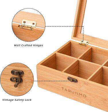 Чайна коробка, бамбук, 6 відділень, чайна скринька з оглядовим віконцем, органайзер для чайних пакетиків, ВxШxГ приблизно 22 x 16 x 9 см, натуральний колір, (1-221609)