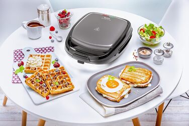 Комбінований пристрій для вафель і сендвічів Tefal SW341B Snack Time 2в1 2 знімні Набори пластин з антипригарним покриттям Можна мити в посудомийній машині Термоізольована ручка 700 Вт Сірий / Чорний
