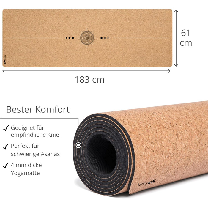 Килимок для йоги преміум-класу з корком (товщина 4 мм) - Нековзний килимок для фітнесу з лініями вирівнювання - Килимок для пілатесу Сумка для йоги Мандала